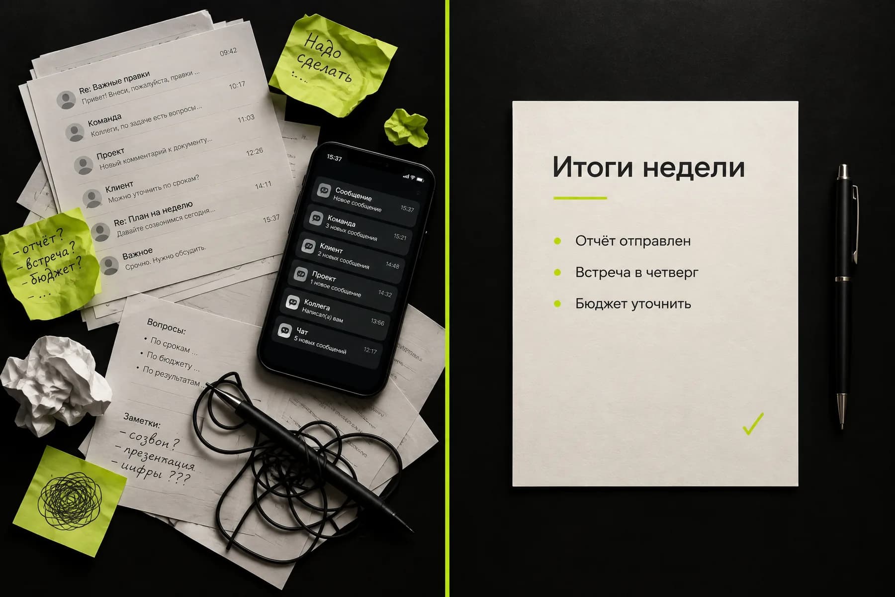 Стол разделён надвое: слева груда бумаг и заметок, справа один лист «Итоги недели»