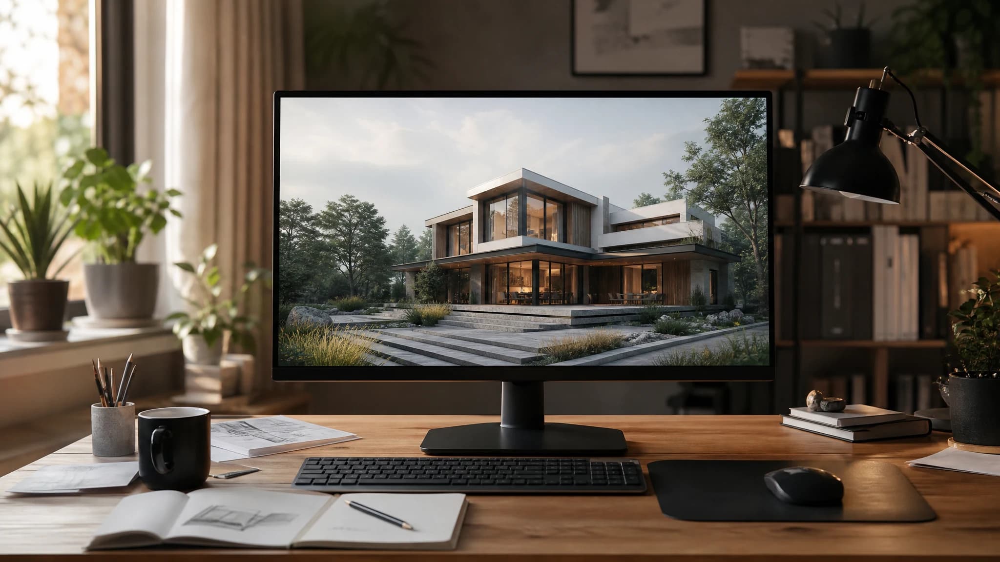 Архитектор за столом изучает распечатанные 3D-рендеры интерьера