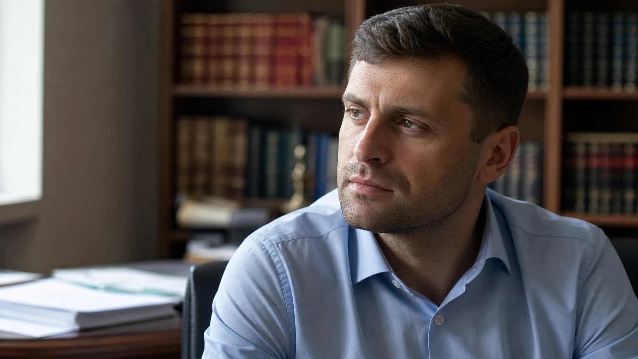 Юрист читает документы за деревянным столом в кабинете