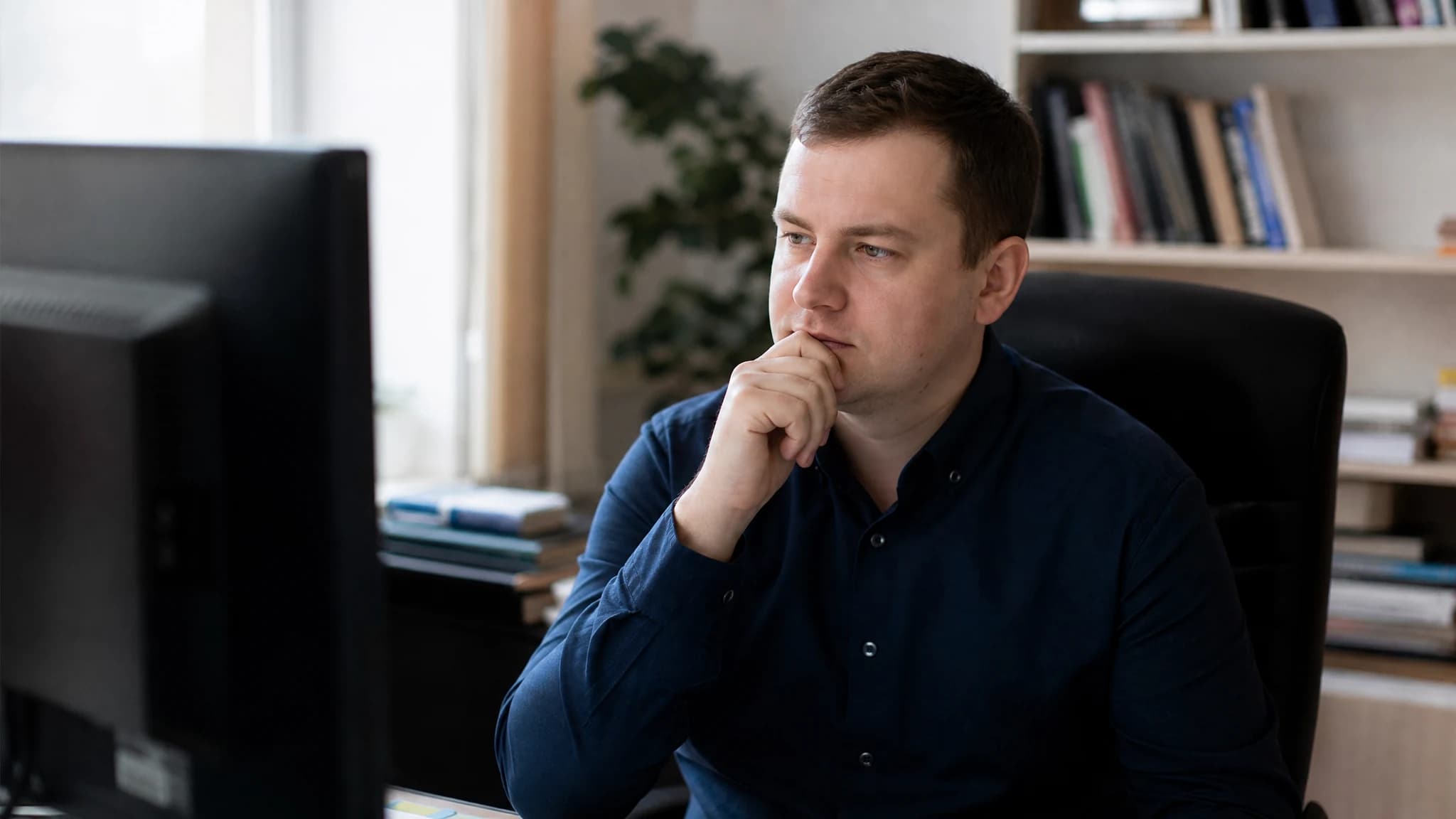 IT-специалист за столом изучает схему воронки продаж
